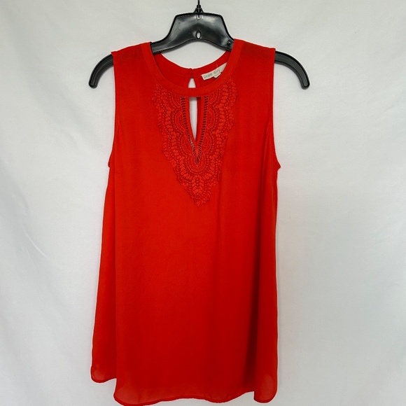 Pale Sky Sleeveless Orange Top with Lace-Like Detailing‎ - Picture 1 of 10